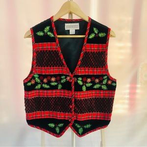 Vintage Christmas Holiday Vest Dress Barn Size Medium Ivy Poinsettia